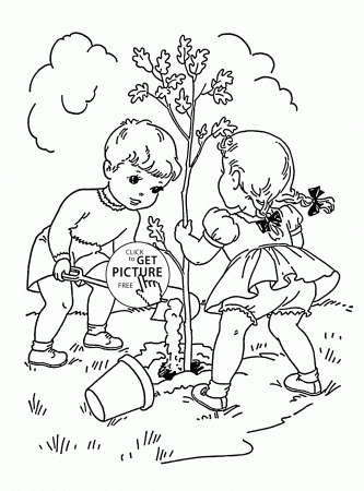 Children Plant Tree coloring page for kids, spring coloring pages  printables free - Wuppsy.co… | Spring coloring pages, Earth day coloring  pages, Tree coloring page