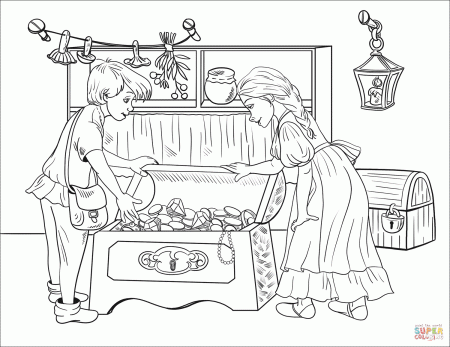 Hansel and Gretel Discover Chests Full of Pearls and Jewels in the Witch's House  coloring page | Free Printable Coloring Pages