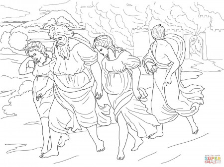 Lot and His Daughters Fleeing the Destruction of Sodom and Gomorrah  coloring page | Free Printable Coloring Pages
