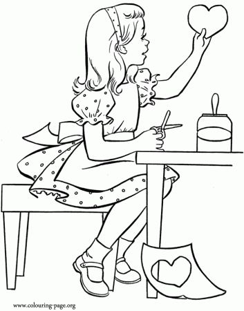 Valentine's Day - A little girl cutting and pasting a heart coloring page
