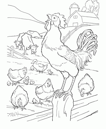 Farm Life Coloring Pages | Printable Farm barn and a rooster 