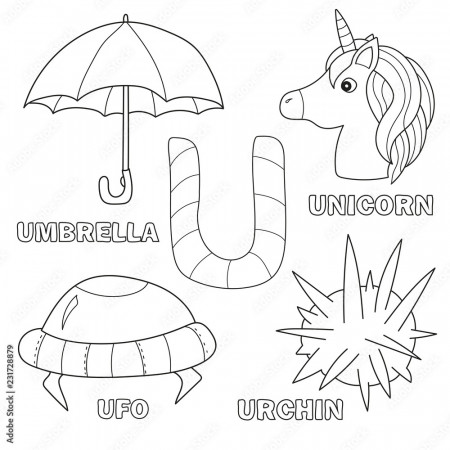 Kids alphabet coloring book page with outlined clip arts. Letter U -  umbrella, unicorn, ufo, urchin Stock Vector | Adobe Stock