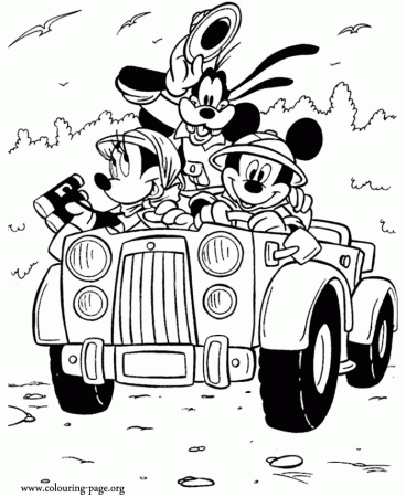 Mickey Mouse - Mickey, Minnie and Goofy in a safari tour coloring page