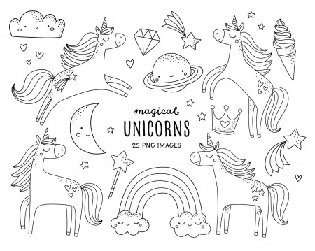 Unicorn Digital Stamps Clipart. Unicorn Coloring Pages. - Etsy