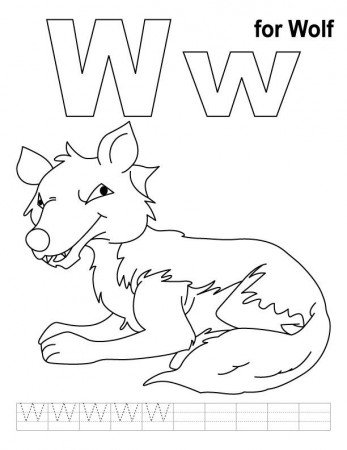 W for wolf coloring page with handwriting practice | Download Free 