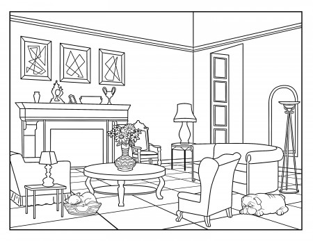 Living Room around the House Coloring Pages for Adults 1 - Etsy