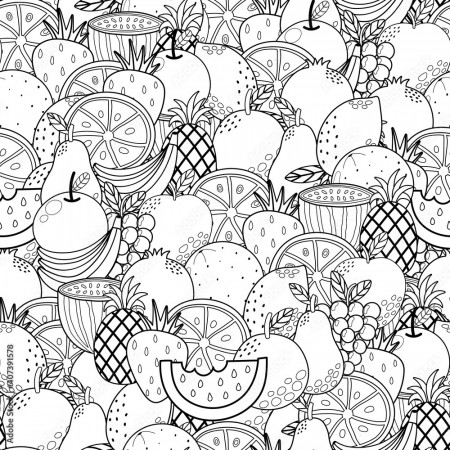Doodle fruits black and white seamless pattern. Healthy food coloring page.  Summer print for colouring book. Vector illustration Stock Vector | Adobe  Stock