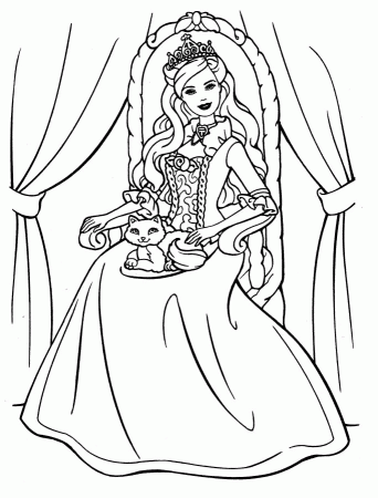 Princess Barbie and a Cat Printable Coloring Page | eColoringPage 
