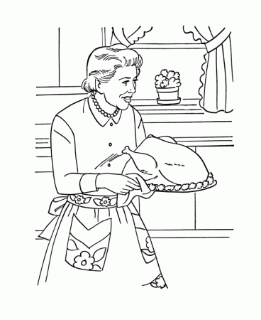 Thanksgiving Dinner Coloring Page Sheets - Grandmother cooking 
