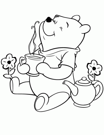 Winnie The Pooh Bear Having Tea Coloring Page | HM Coloring Pages