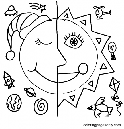 Moon and Sun Coloring Pages - Moon Coloring Pages - Coloring Pages For Kids  And Adults