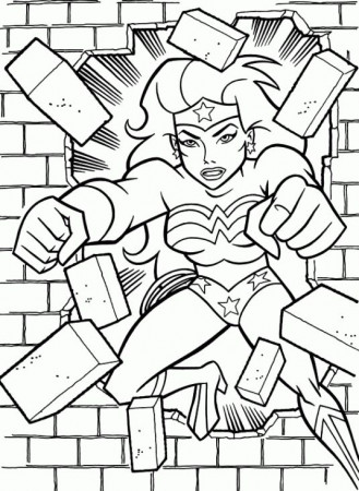 Wonder Woman Breaks Through A Brick Wall Coloring Page