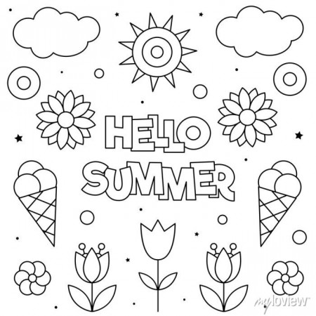 Hello summer. coloring page. black and white vector illustration. • wall  stickers cloud, sun, ice cream | myloview.com