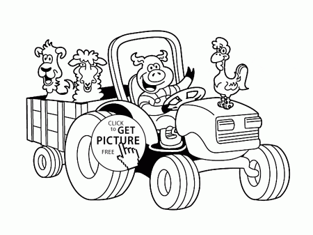 Funny Farm Animal in tractor coloring page for kids, animal ...