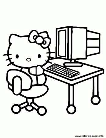 Print hello kitty in front of computer Coloring pages