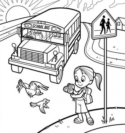 A Cute Little Girl Waiting For School Bus Coloring Page : Kids Play Color