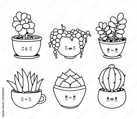 Cute happy funny succulents plants,cacti,flower emoji set collection.Vector  coloring cartoon kawaii character illustration.Plants page for coloring book  bundle concept.Isolated on white background Stock Vector | Adobe Stock
