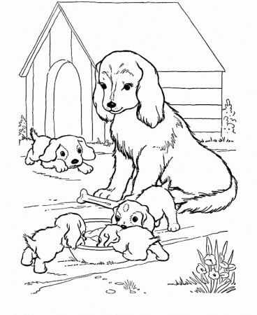 Dog House For Dog Mother And Her Babies Coloring Page