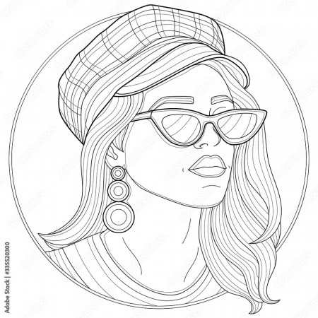 Beautiful girl in a cap, glasses and with an earring.Coloring book  antistress for children and adults. Illustration isolated on white  background.Zen-tangle and doodle style. Black and white drawing Stock  Vector | Adobe