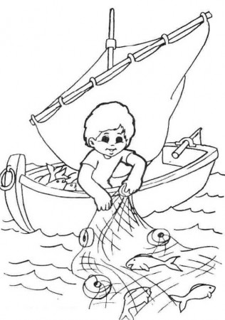 Fisherman Catching Fish with Fishing Net Coloring Page: Fisherman ...