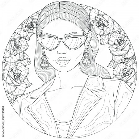 Girl in a jacket and glasses. With earrings in the ears. Roses on the  background.Coloring book antistress for children and adults. Illustration  isolated on white background.Zen-tangle style. Stock Vector | Adobe Stock