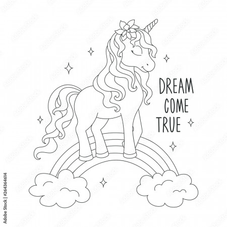 Unicorn on a rainbow. Coloring pages. Dream come true text. Design for  kids. Fashion illustration drawing in modern style for clothes. Stock  Vector | Adobe Stock