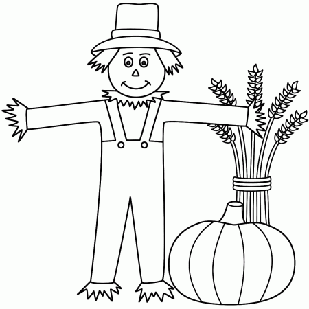 Scarecrow with a wheat sheaf and pumpkin - Coloring Page (Autumn/Fall)