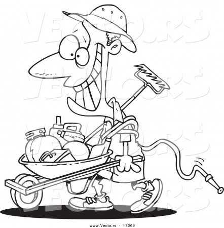 Vector of a Cartoon Happy Borrower Pushing a Wheelbarrow - Coloring Page  Outline by toonaday - #17269