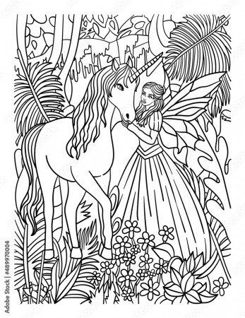 Fairy Petting Unicorn Coloring Page for Adults Stock Vector | Adobe Stock