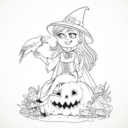 Halloween smiling witch and crow - Halloween Adult Coloring Pages
