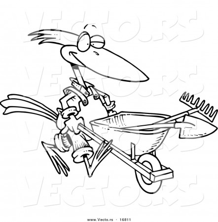 Vector of a Cartoon Bird Landscaper Pushing a Wheel Barrow - Coloring Page  Outline by toonaday - #16811