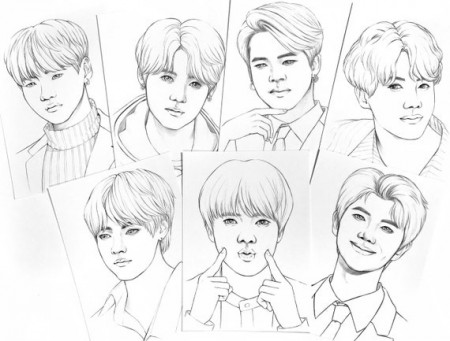 BTS Coloring pages, 14 BTS realistic drawings on heavy weight paper 5x7 inch