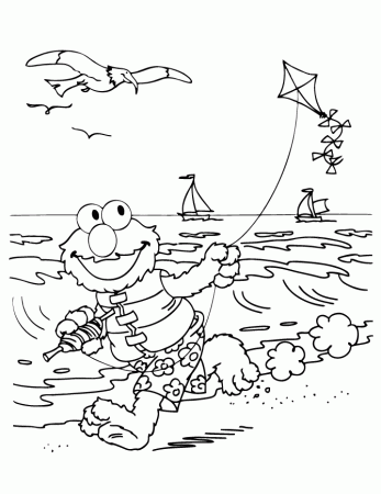 Elmo Flies Kite At Beach Coloring Page | HM Coloring Pages
