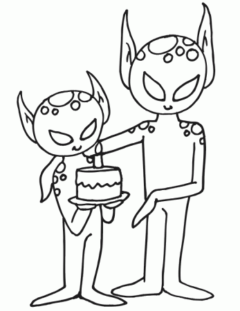 Alien Coloring Page | An Alien Holding a Birthday Cake
