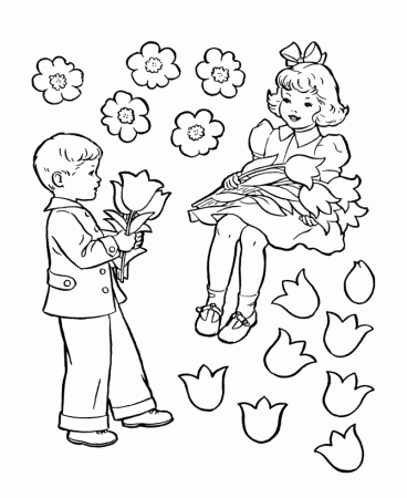valentines day kids coloring pages giving valentine flowers 