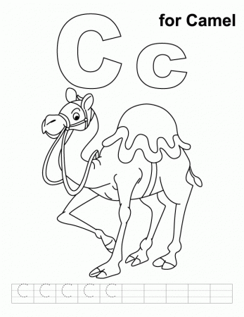 C for camel coloring page with handwriting practice | Download 