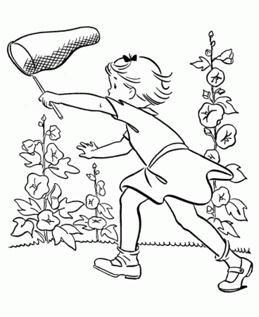 Print Little Girl Catch Butterfly On Garden Spring Coloring Pages 