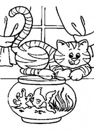 Cat Would Like to Eat the Fish in the Fish Tank Coloring Page: Cat ...