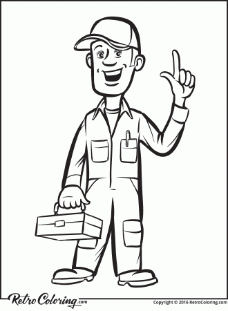 Cartoon plumber with toolbox coloring page - RetroColoring
