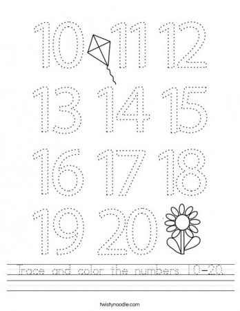 Trace and color the numbers 10-20 Worksheet - Twisty Noodle