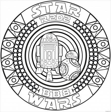 A mandala inspired by Star Wars with the robots BB8 and R2D2 Coloring Pages  - Mandala Coloring Pages - Coloring Pages For Kids And Adults