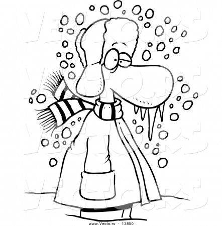 Vector of a Cartoon Cold Winter Man Standing in the Snow with Frozen Snot - Coloring  Page Outline by toonaday - #13850