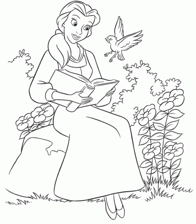 Belle Reading in Garden Coloring Page | Kids Coloring Page
