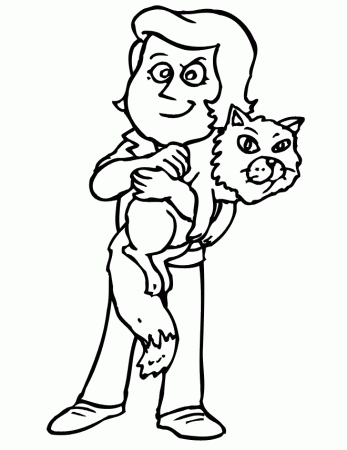 Cat Coloring Page | A Mischievious Girl Holding Her Cat