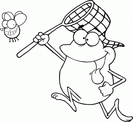 Frog Chassing Fly with Net Coloring Page: frog-chassing-fly-with 