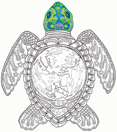 Adult Coloring Page World Turtle Printable by CandyHippie