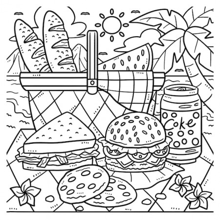 Premium Vector | Summer picnic food by the shore coloring page