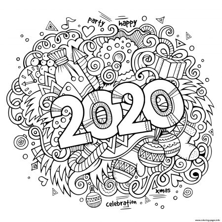 New Year 2020 Doodles Objects And Elements Poster Design Coloring ...