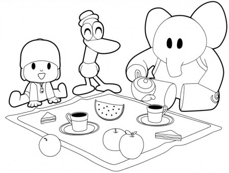 Drawing Pocoyó, Pato and Elly have breakfast coloring page