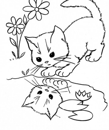 Cats See His Face In The Water Coloring Page - Kids Colouring Pages